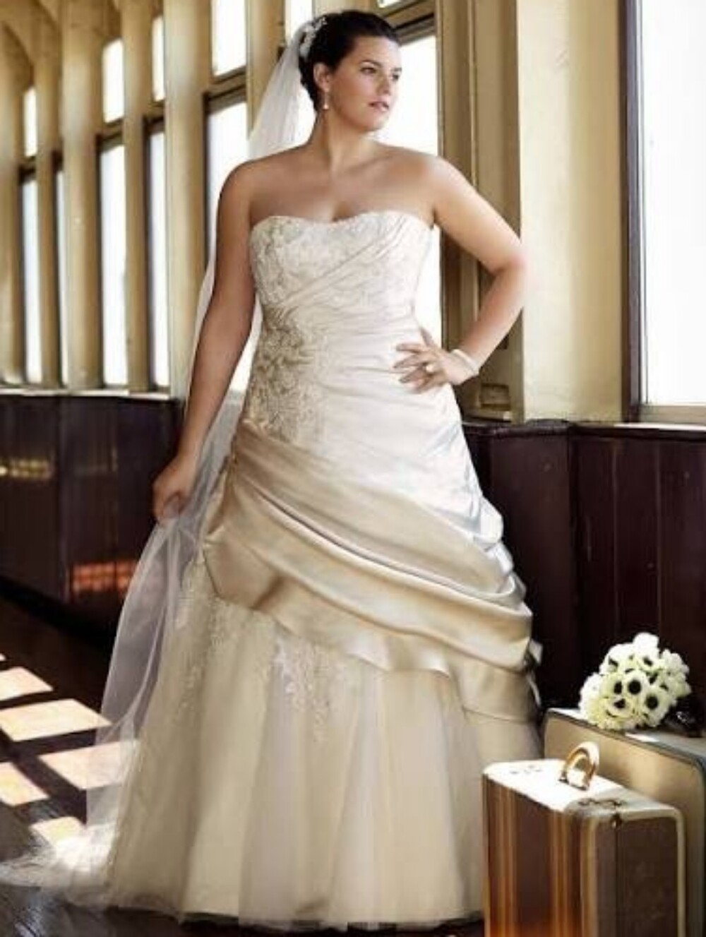 David's Bridal | Satin Ball Gown with Appliques and Tulle Underlay